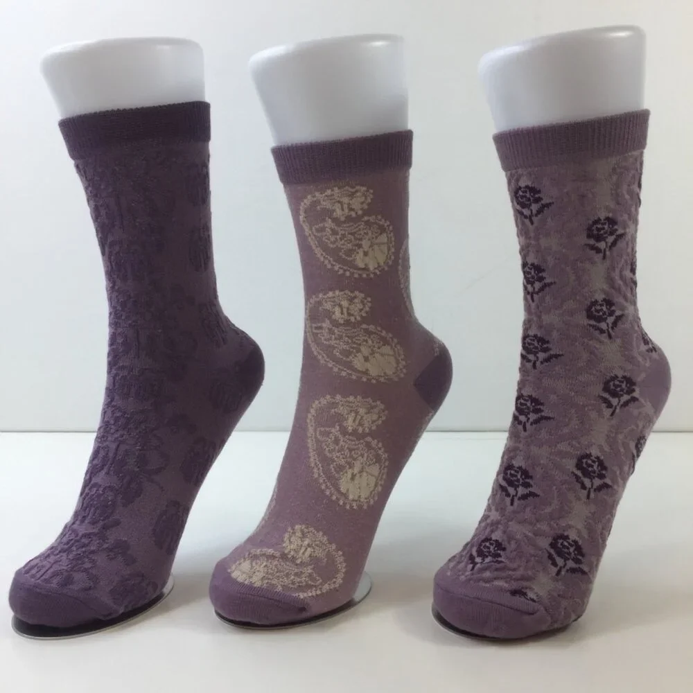 Womens Crew Socks 3 Pack Floral Paisley Designs Purple White